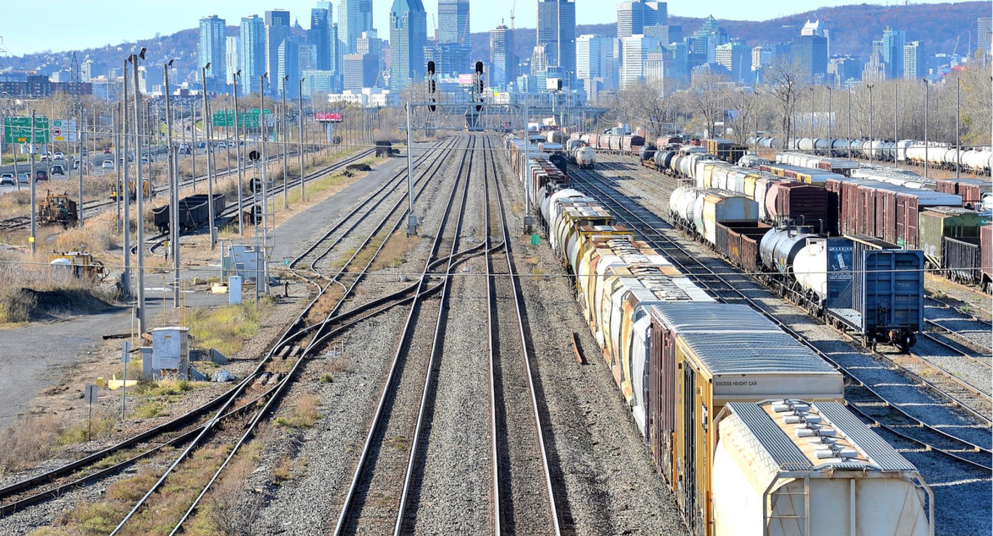 Montreal skyline with train tracks in the foreground