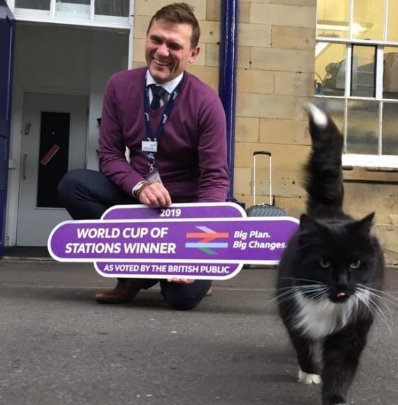Andy Croughan, Station Manager of Huddersfield station and Felix the cat 