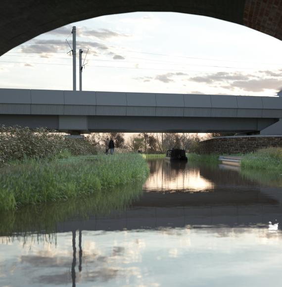 View of the Oxford Canal Viaduct from under the adjacent canal bridge 51365, via HS2 