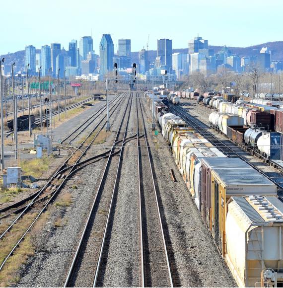 Montreal skyline with train tracks in the foreground