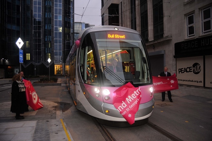 Trams running in central Birmingham for the first time in 60 years