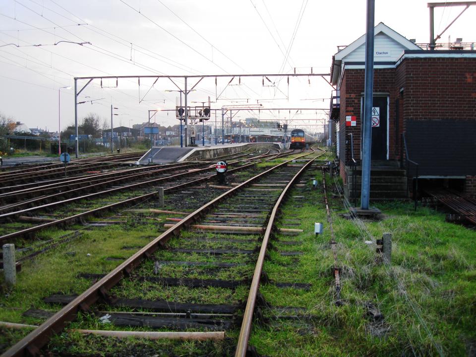 Clacton signal box train approaching