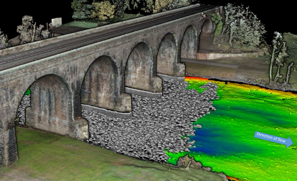 Long Meg viaduct bathymetric survey after work in Nov 2022. Via Network Rail 