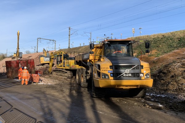 Machinery on site at Hillmorton Junction landslip repair