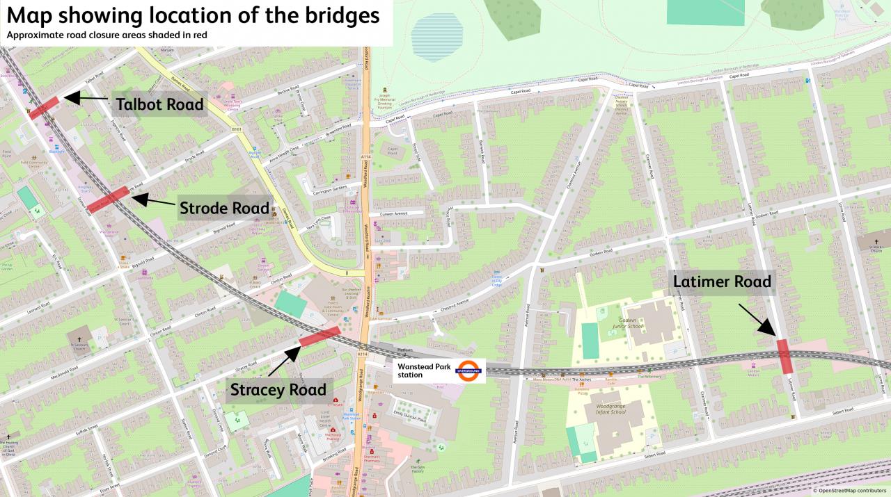 Map showing locations of bridges