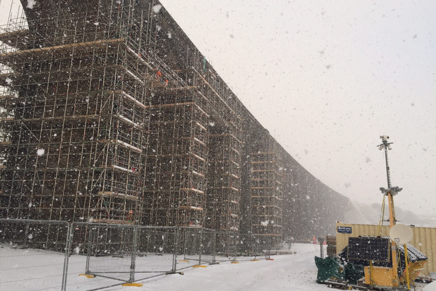 Ribblehead viaduct during blizzard from Network Rail compound