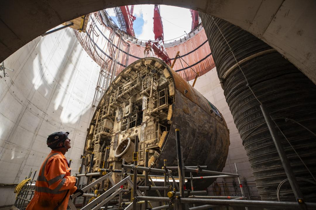 TBM Caroline being lifted out of vent shaft