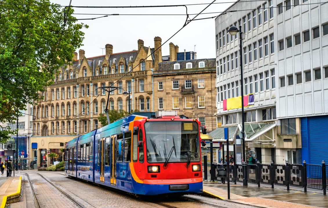 City tram at Cathedral station in Sheffield - South Yorkshire, England