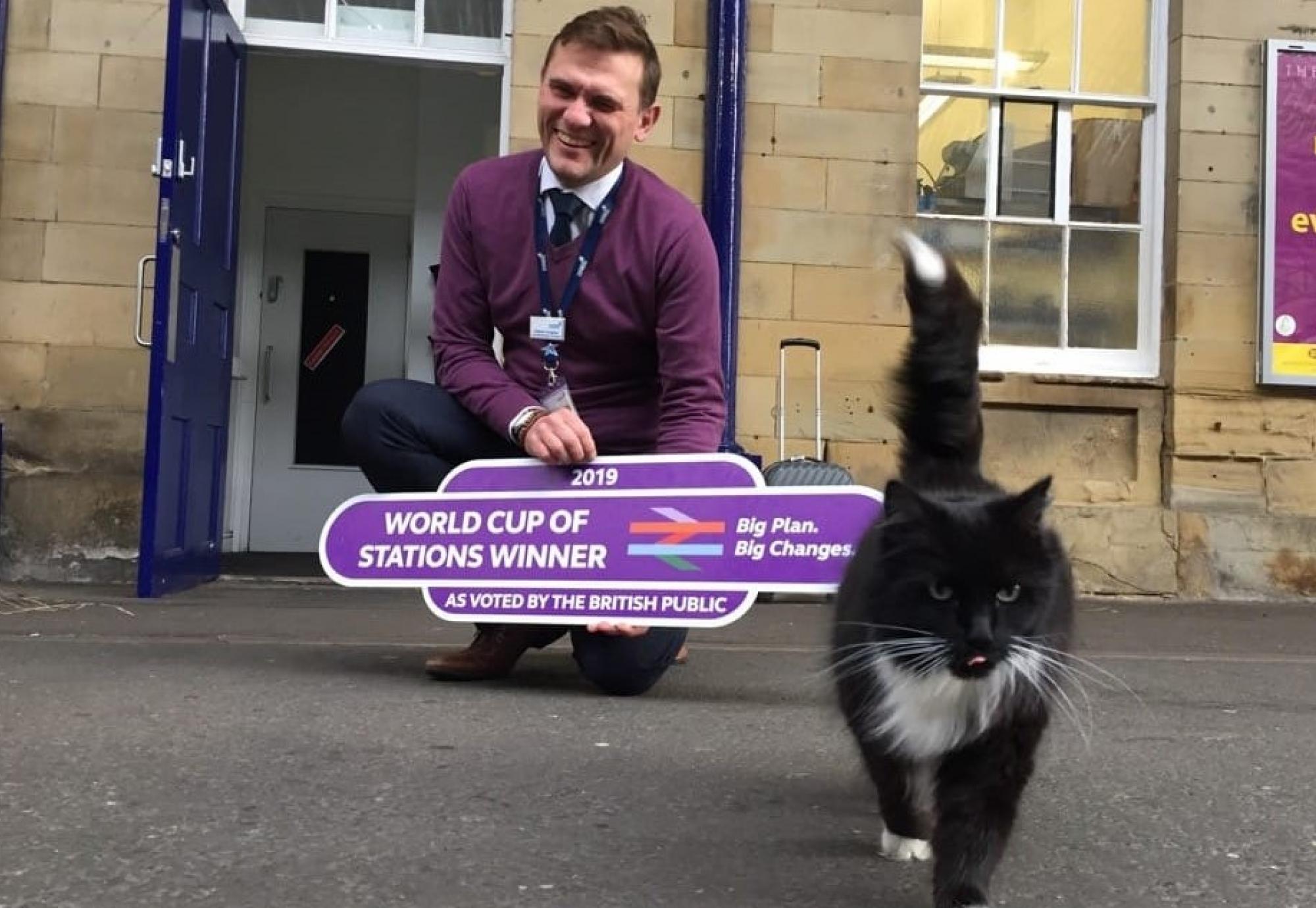 Andy Croughan, Station Manager of Huddersfield station and Felix the cat 