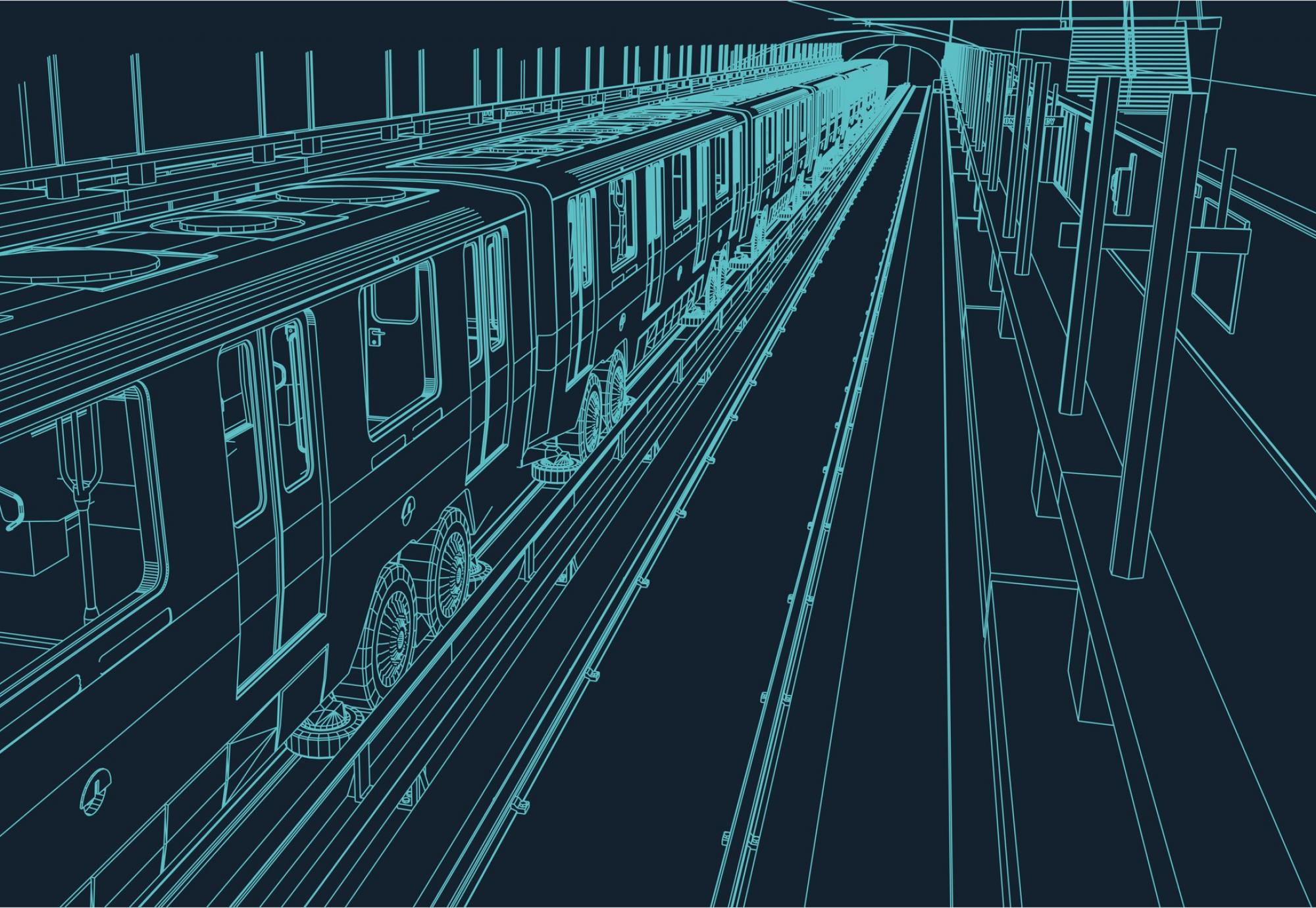 Wireframe blueprint of a metro train in a station