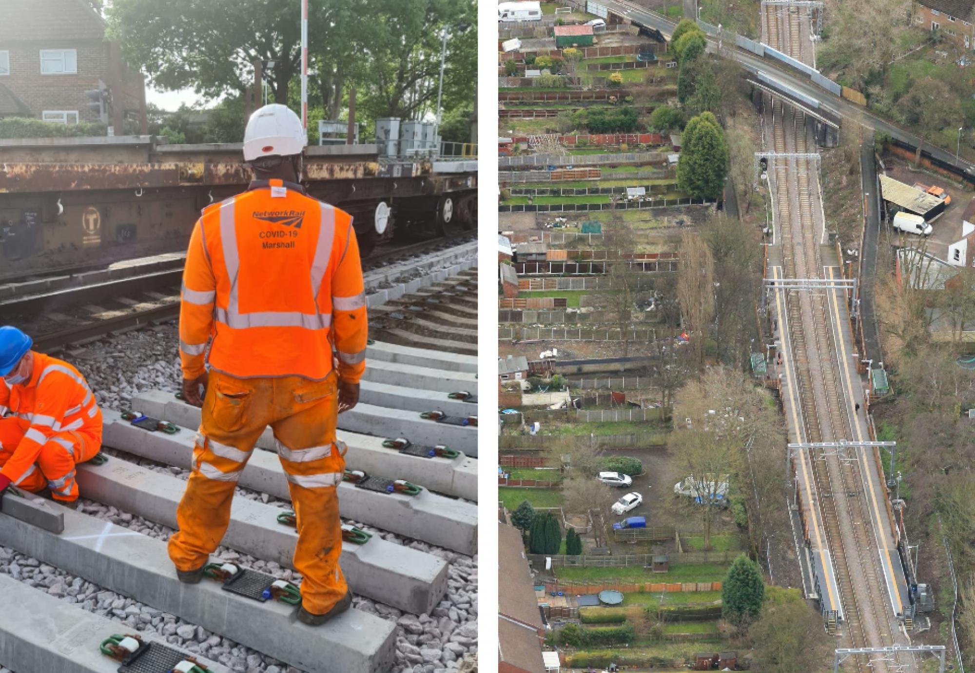 Track workers and Bloxwich station aerial composite