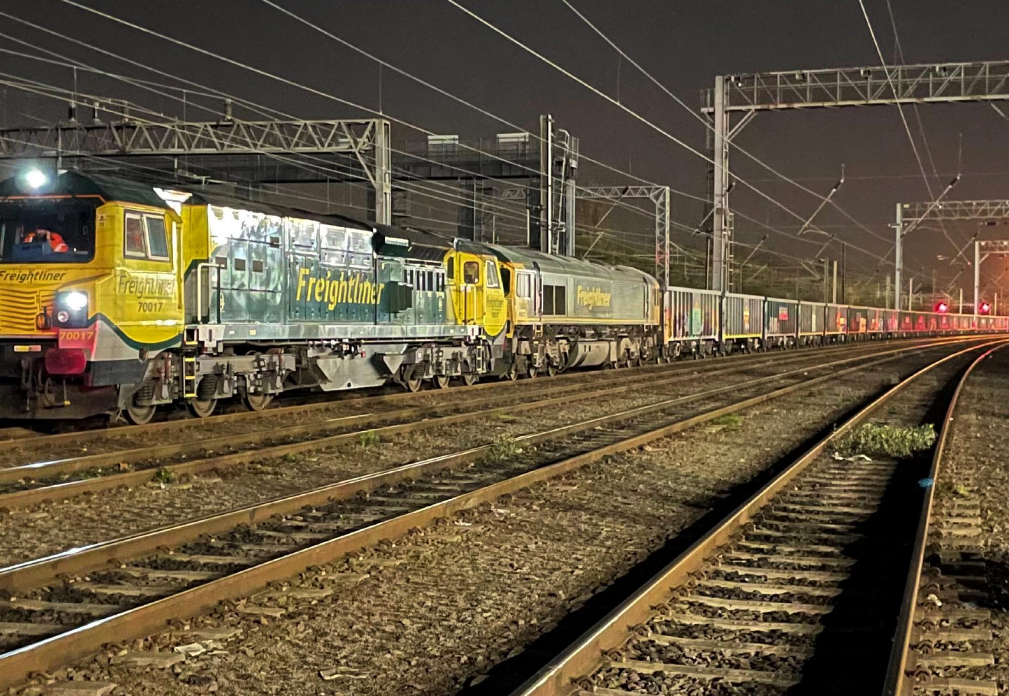 Jumbo freight train operating on the West Coast Main Line