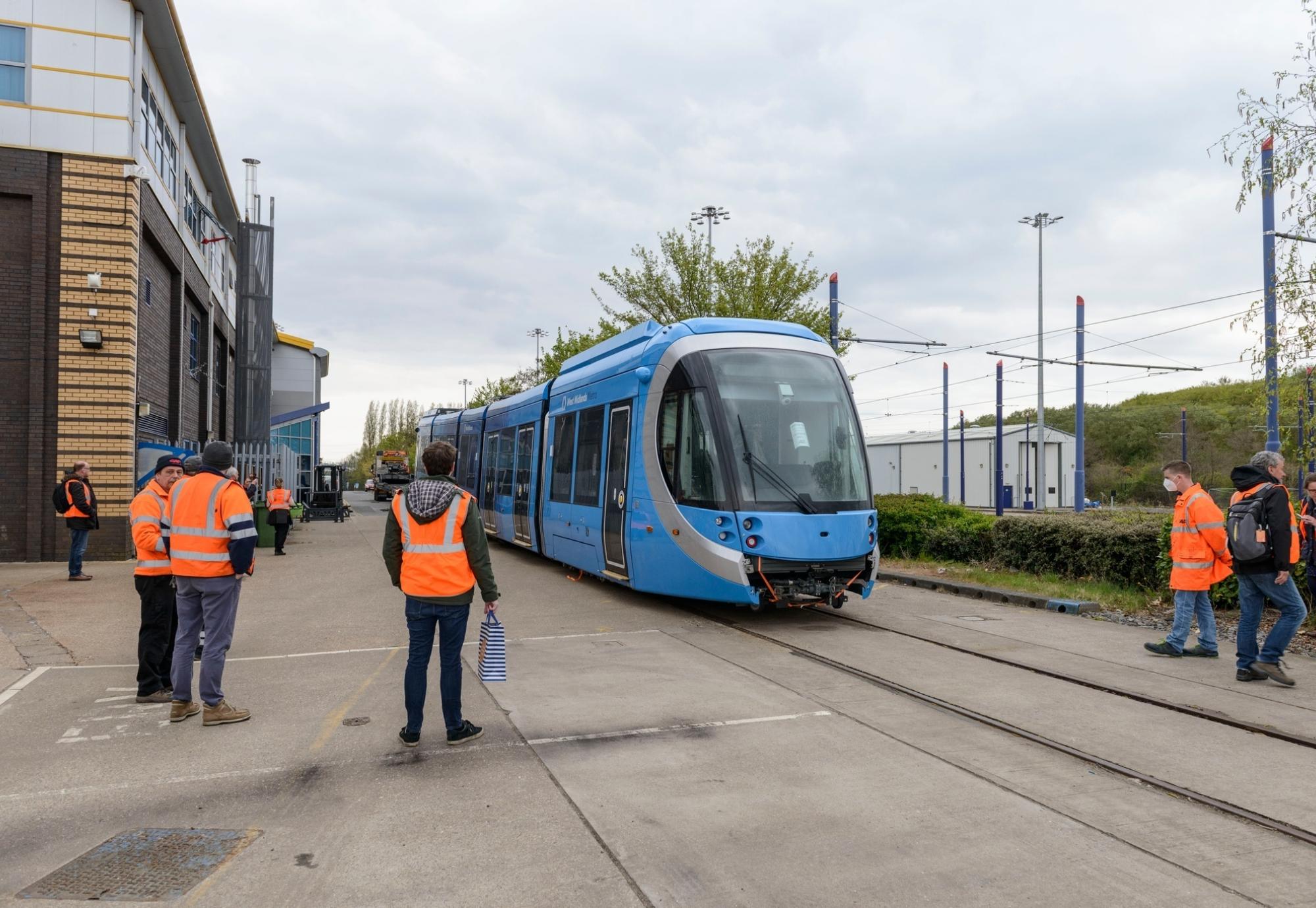 New West Midlands Metro tram arriving at the Wednesbury depot