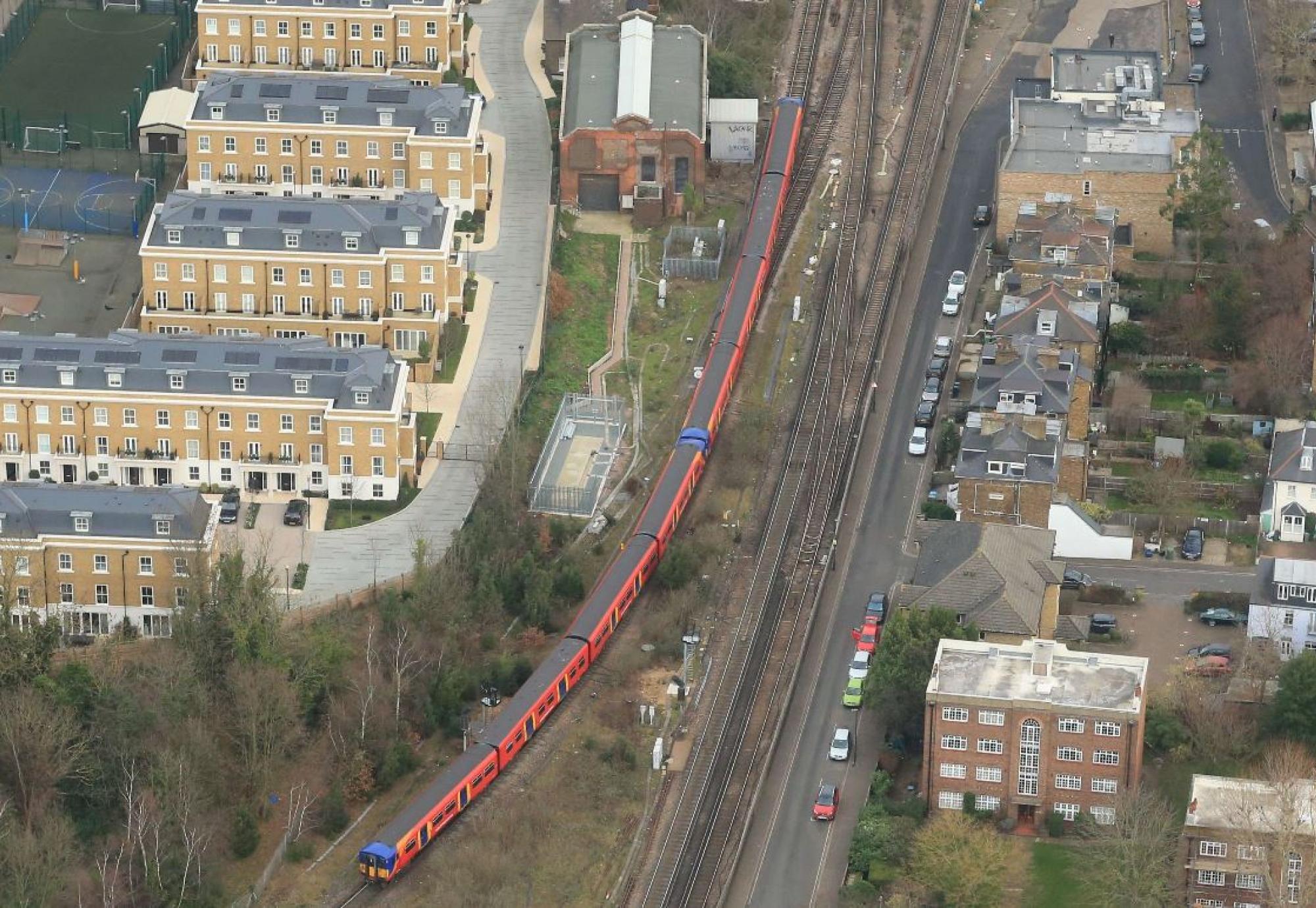 Aerial shot of a train at Twickenham Junction