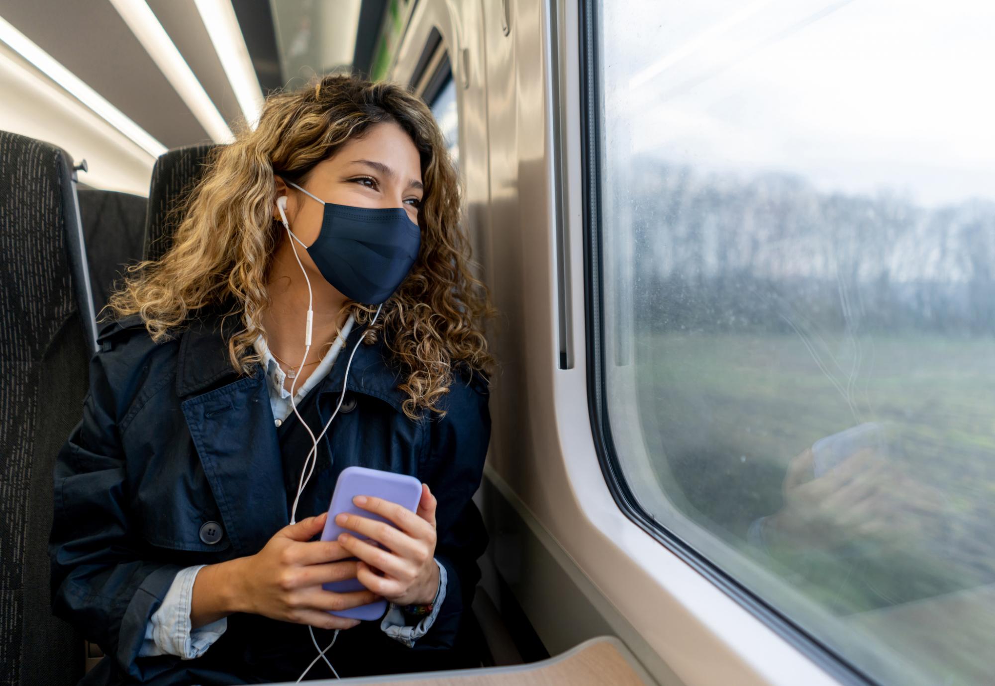 Woman wearing a face mask travelling on a train