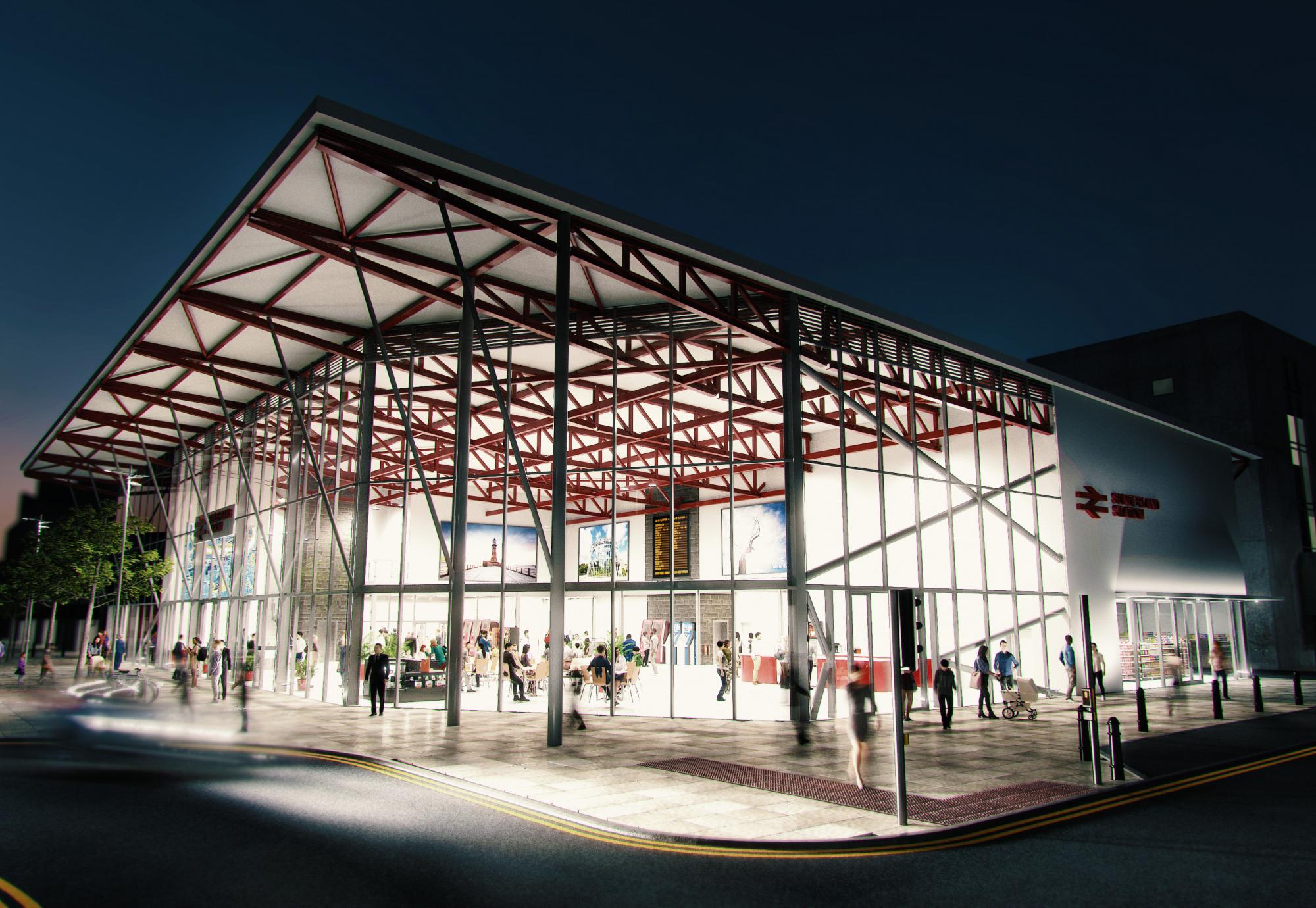 Proposed Sunderland Central Station southern entrance at night