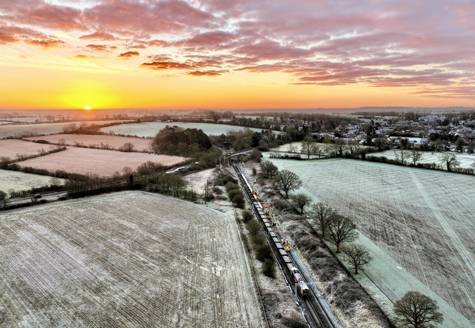 Sunset over Kilsby drainage work on West Coast main line