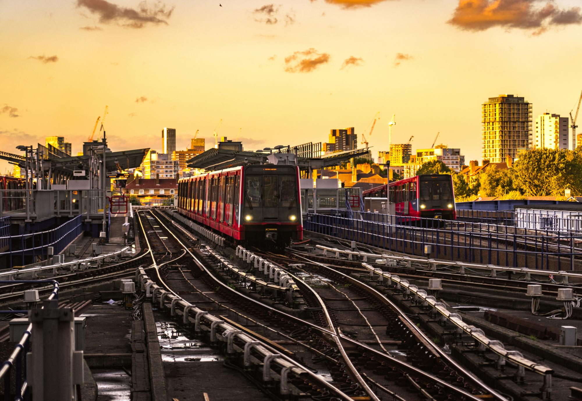 Docklands Light Railway (DLR) trains at sunset