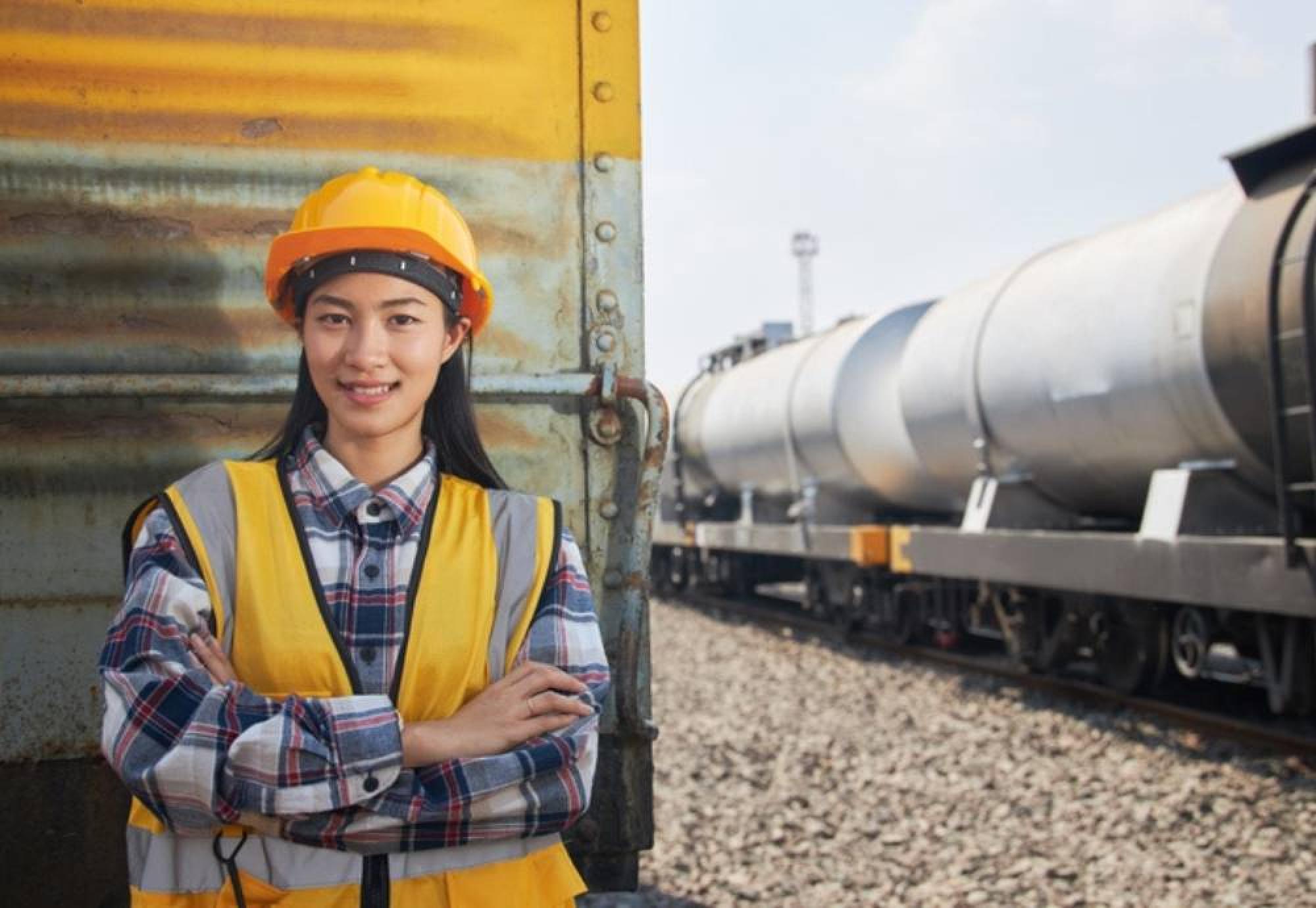 Female engineer working on train