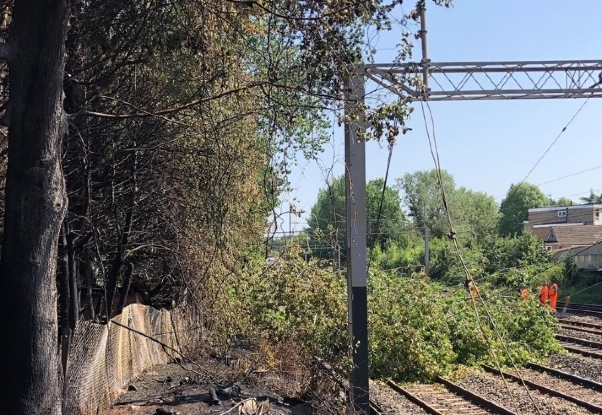 Tree blocking the West Coast main line after fire in Harrow, via Network Rail 