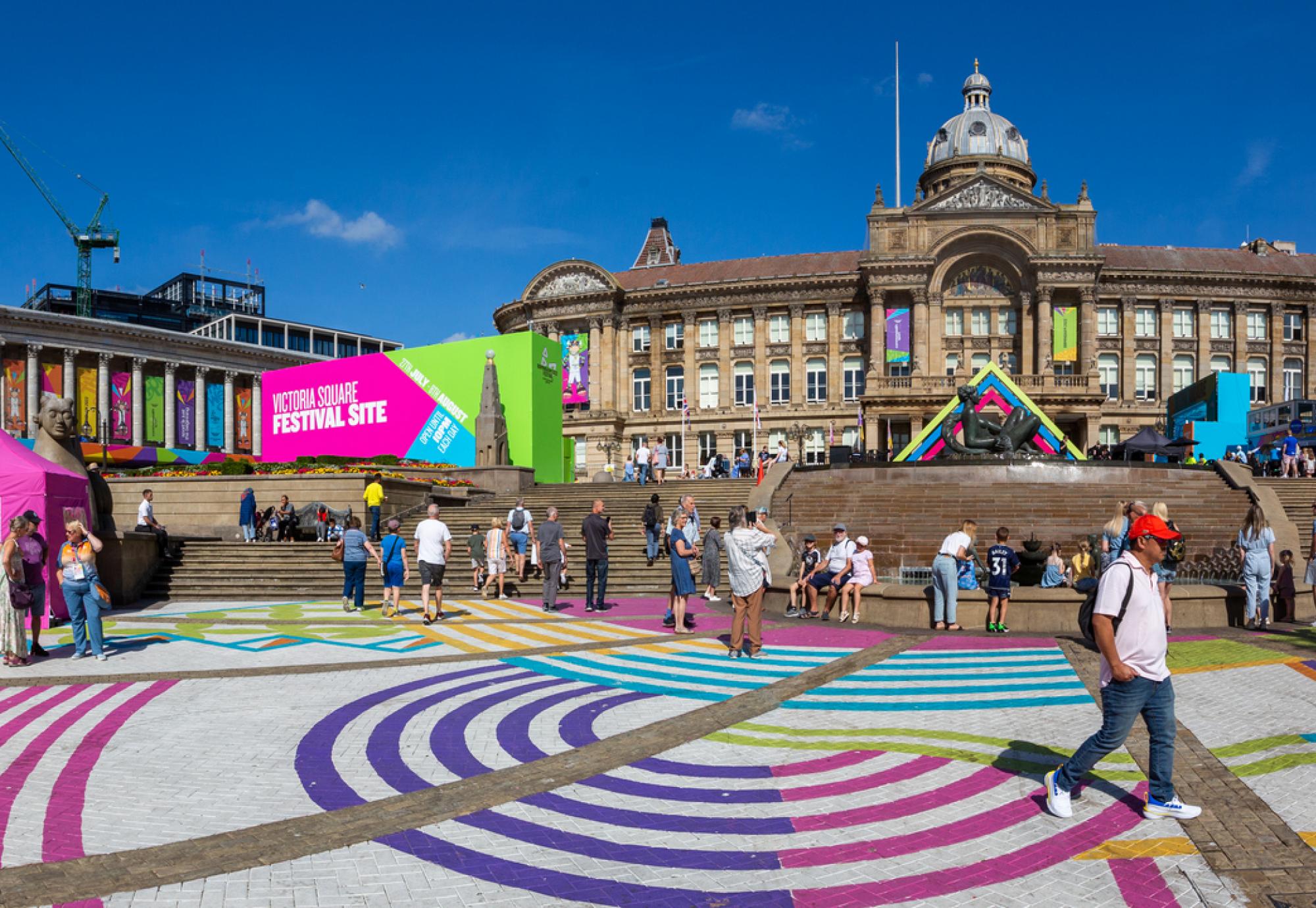 Birmingham, UK - August 8, 2022. A landscape view of The Commonwealth Games 2022 Festival Site in Victoria Square, Birmingham. Via Istock 