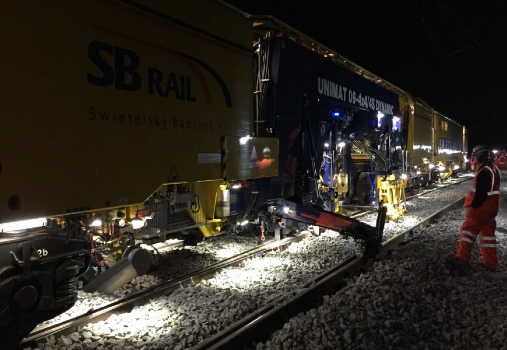 Tamping machine track levelling, via Network Rail 