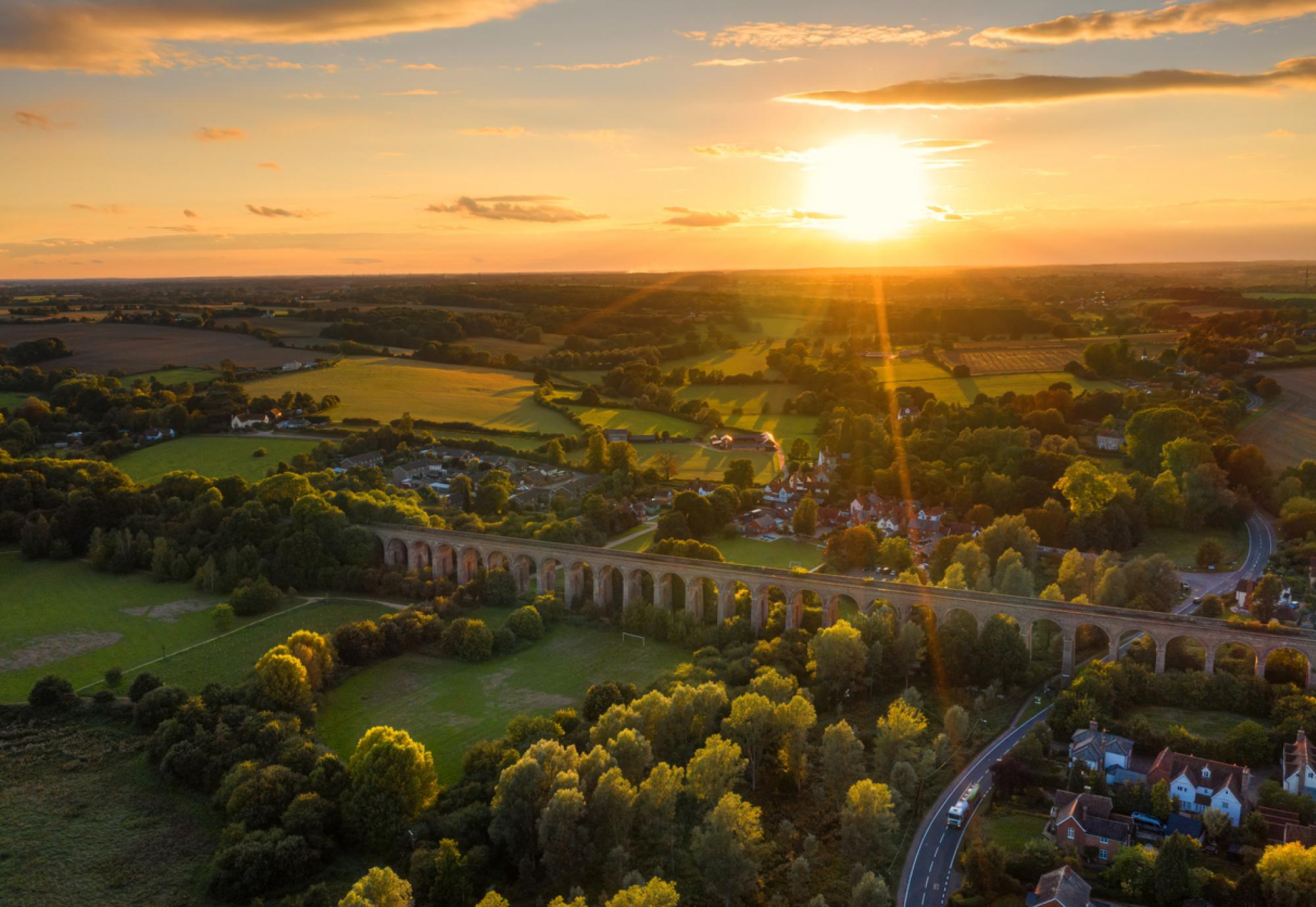 An aerial view of the Chappel and Wakes Colne viaduct in the English county of Essex, via Istock