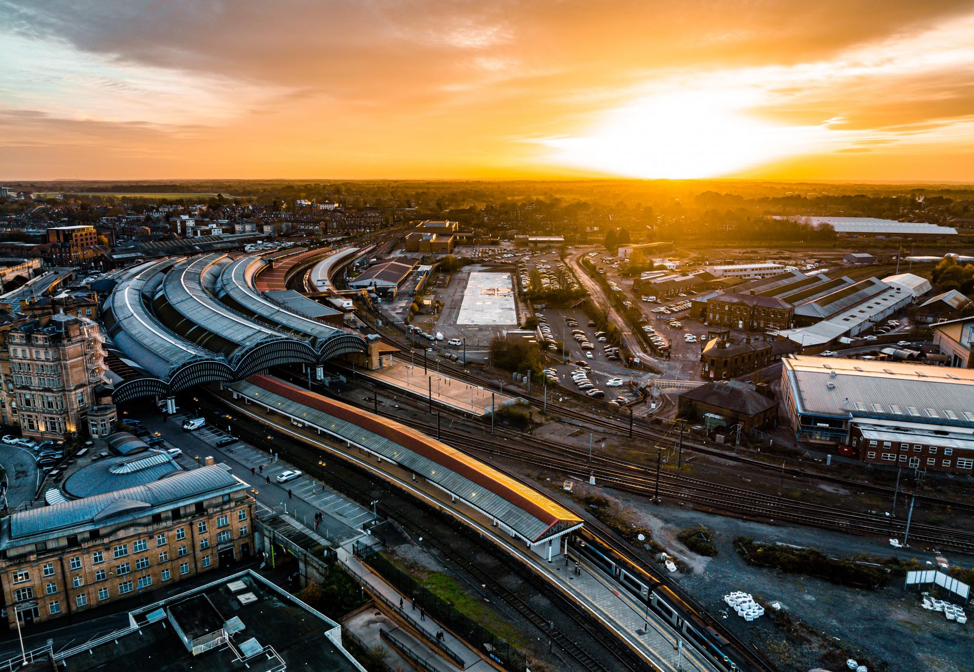 Aerial view of York Railway Station at night, via Istock 