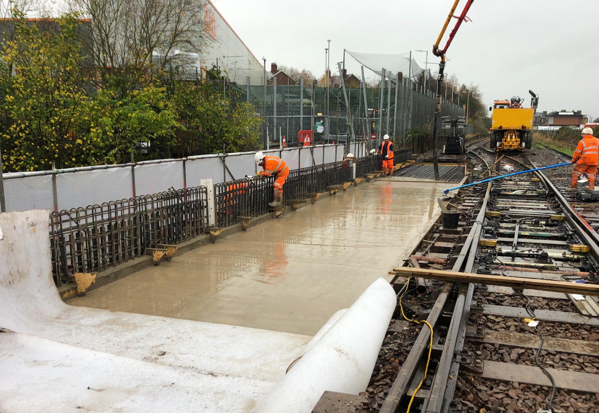 Concrete pour to form new deck of Petteril Bridge after freight train derailment in Carlisle, via Network Rail 