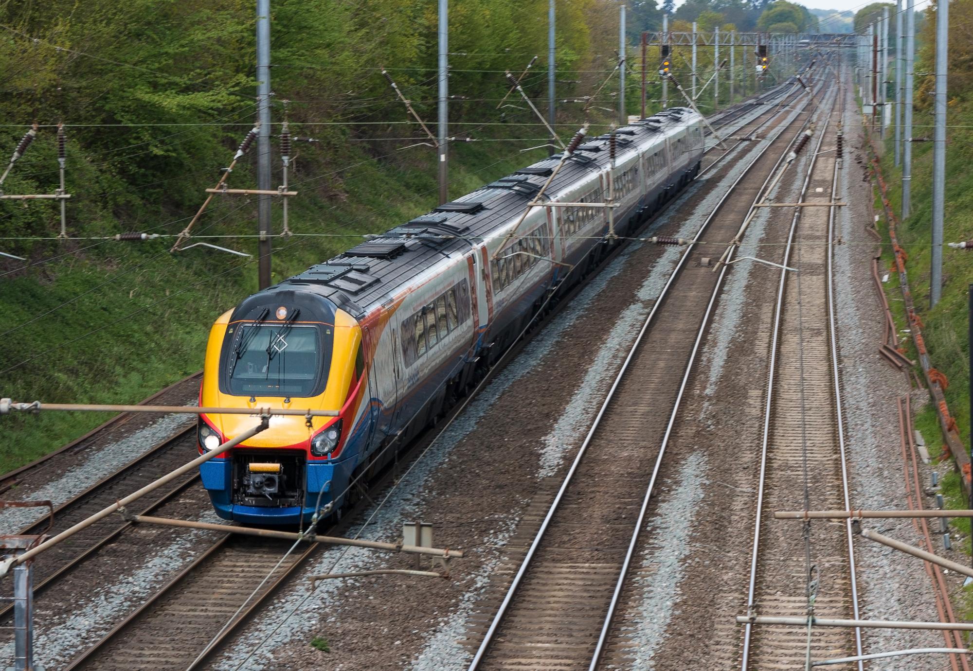 St Albans: British East Midlands train in motion on the railway, via Istock 