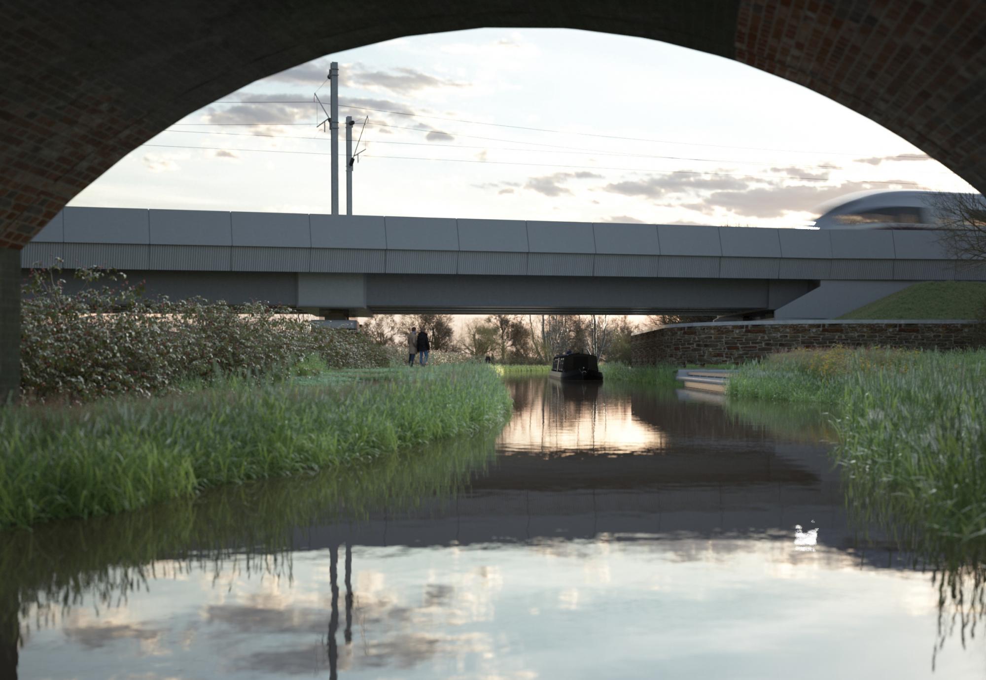 View of the Oxford Canal Viaduct from under the adjacent canal bridge 51365, via HS2 