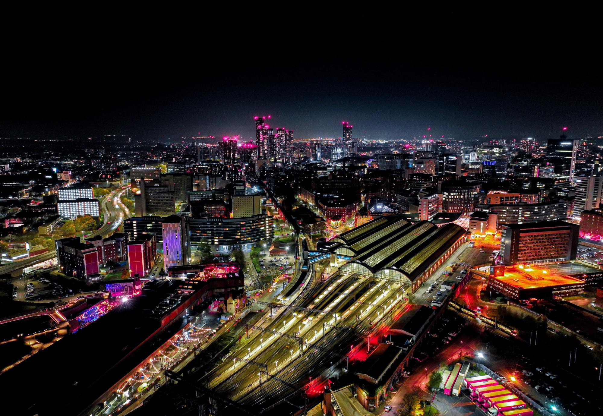 Manchester Piccadilly at night, via Istock 