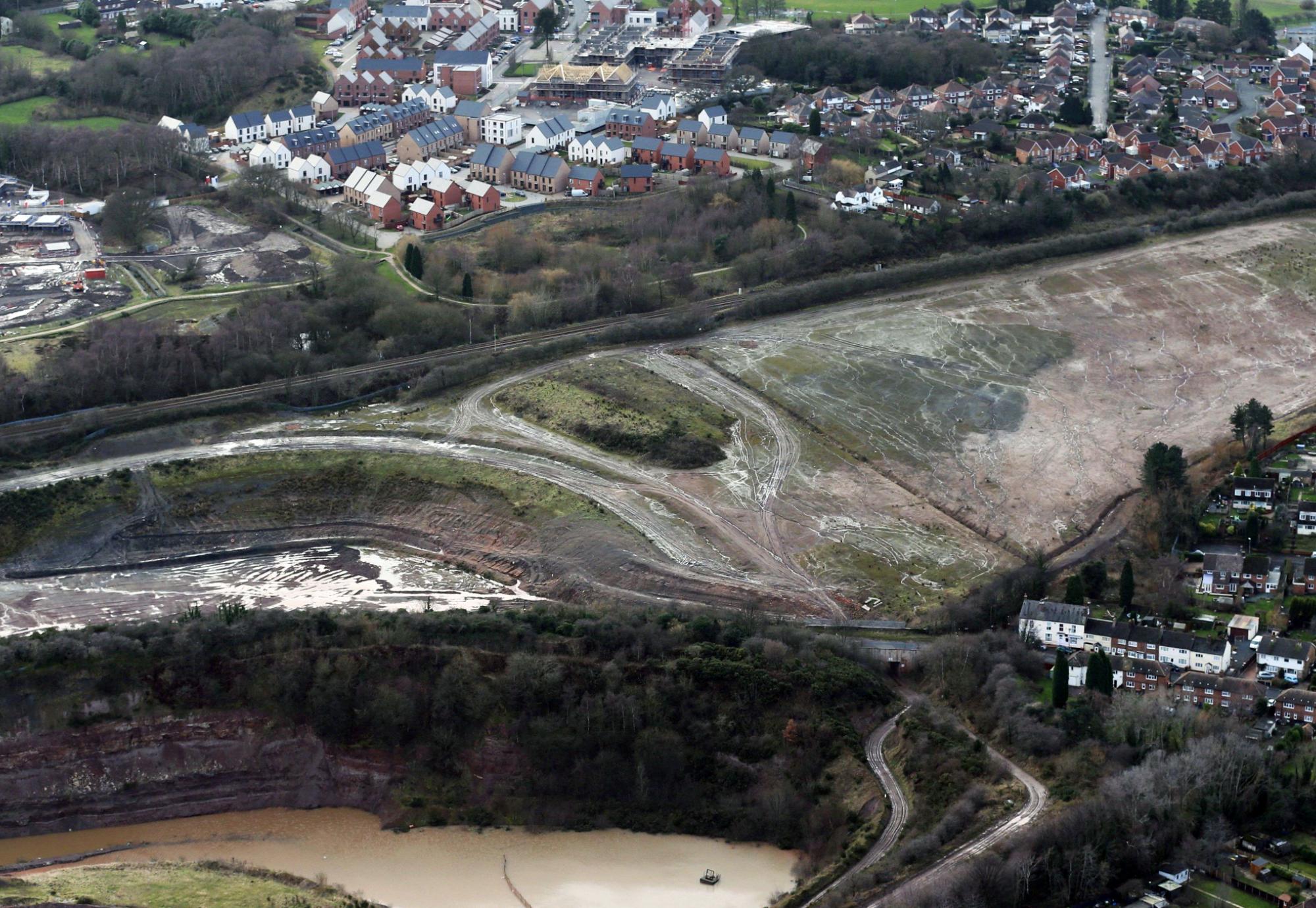 Aerial view of former mine site beside railway at Hadley near Telford