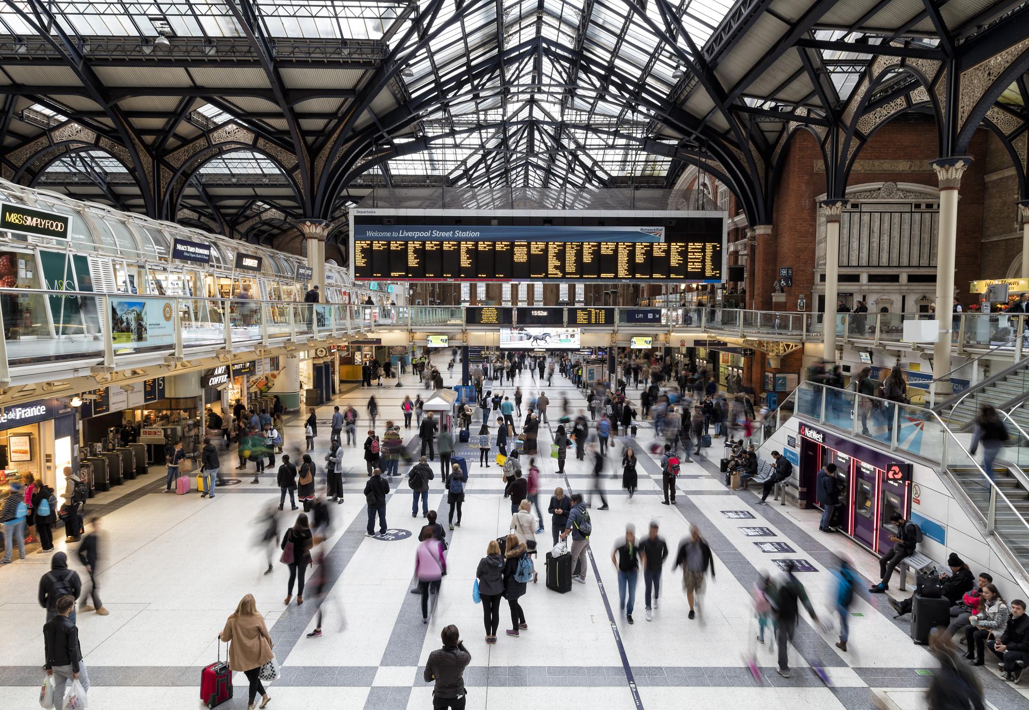 Main entrance hall of Liverpool Street train station in London, UK. Via Istock 