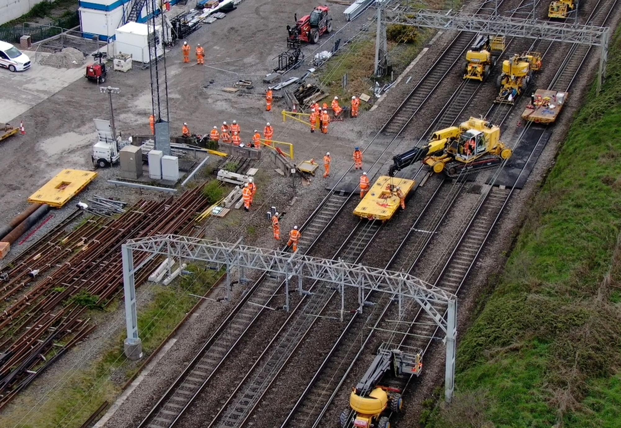 Drone shot of signalling gantries being replaced in Crewe - credit Network Rail 