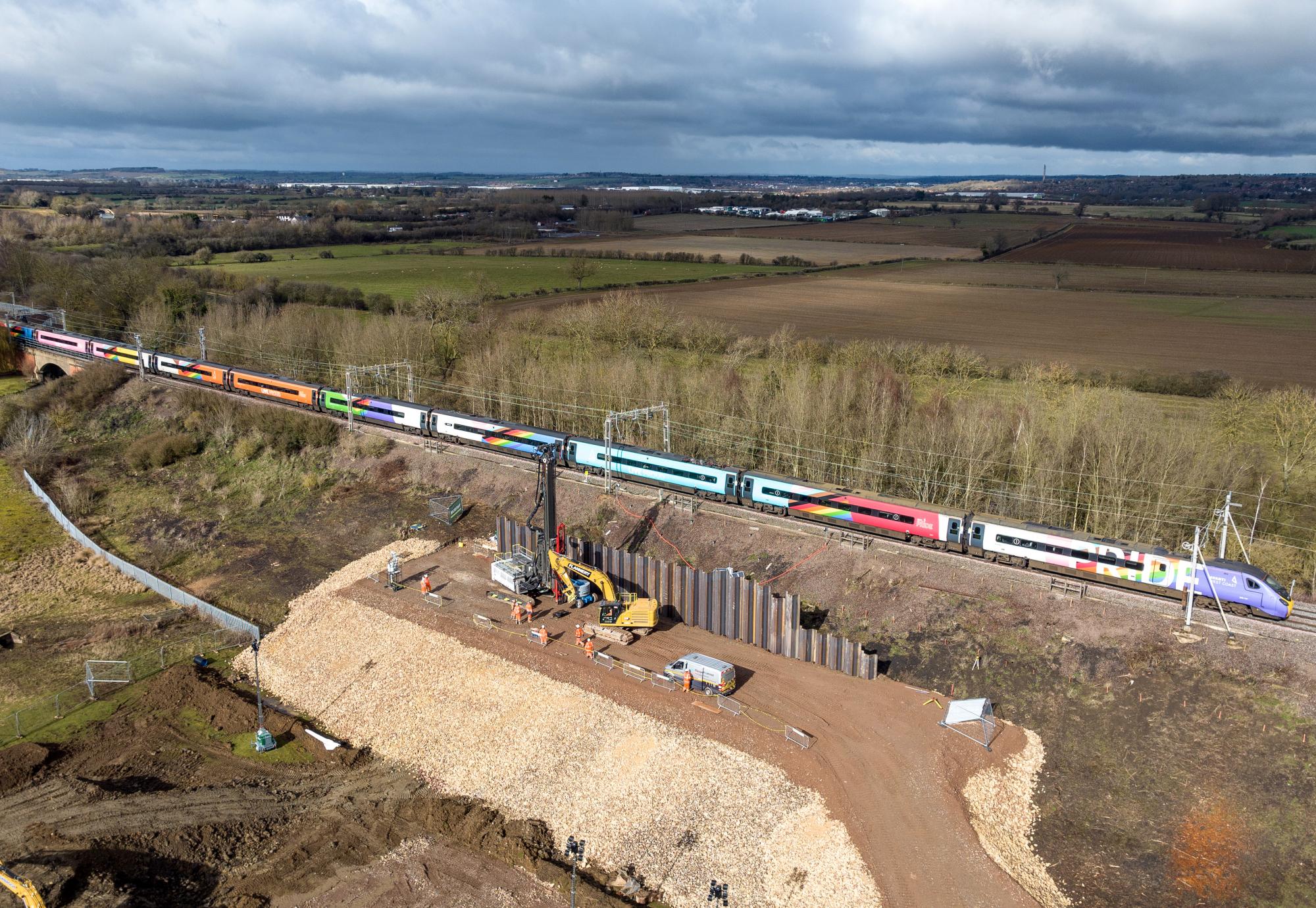 Blisworth earthworks drone shot with Avanti Progress Train passing by - Credit Network Rail 