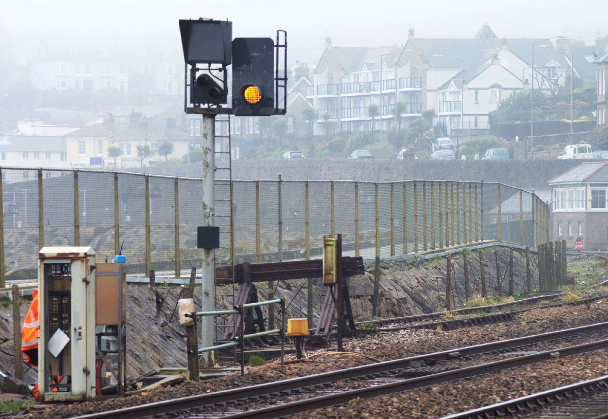 Maintenance being carried out on signalling equipment on the railway in Cornwall