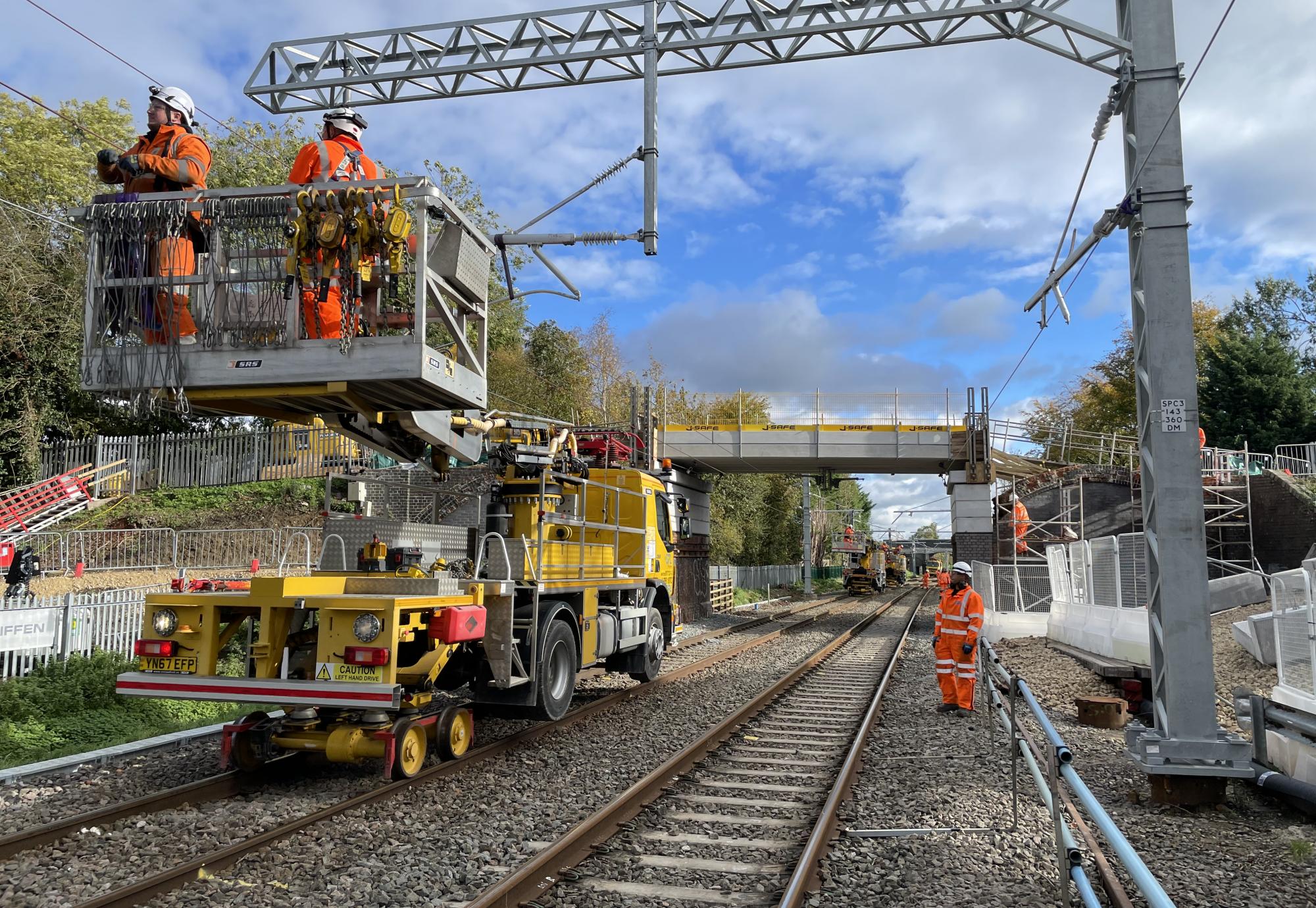 Network Rail engineers carry out wiring work on the Midland Main Line, Network Rail