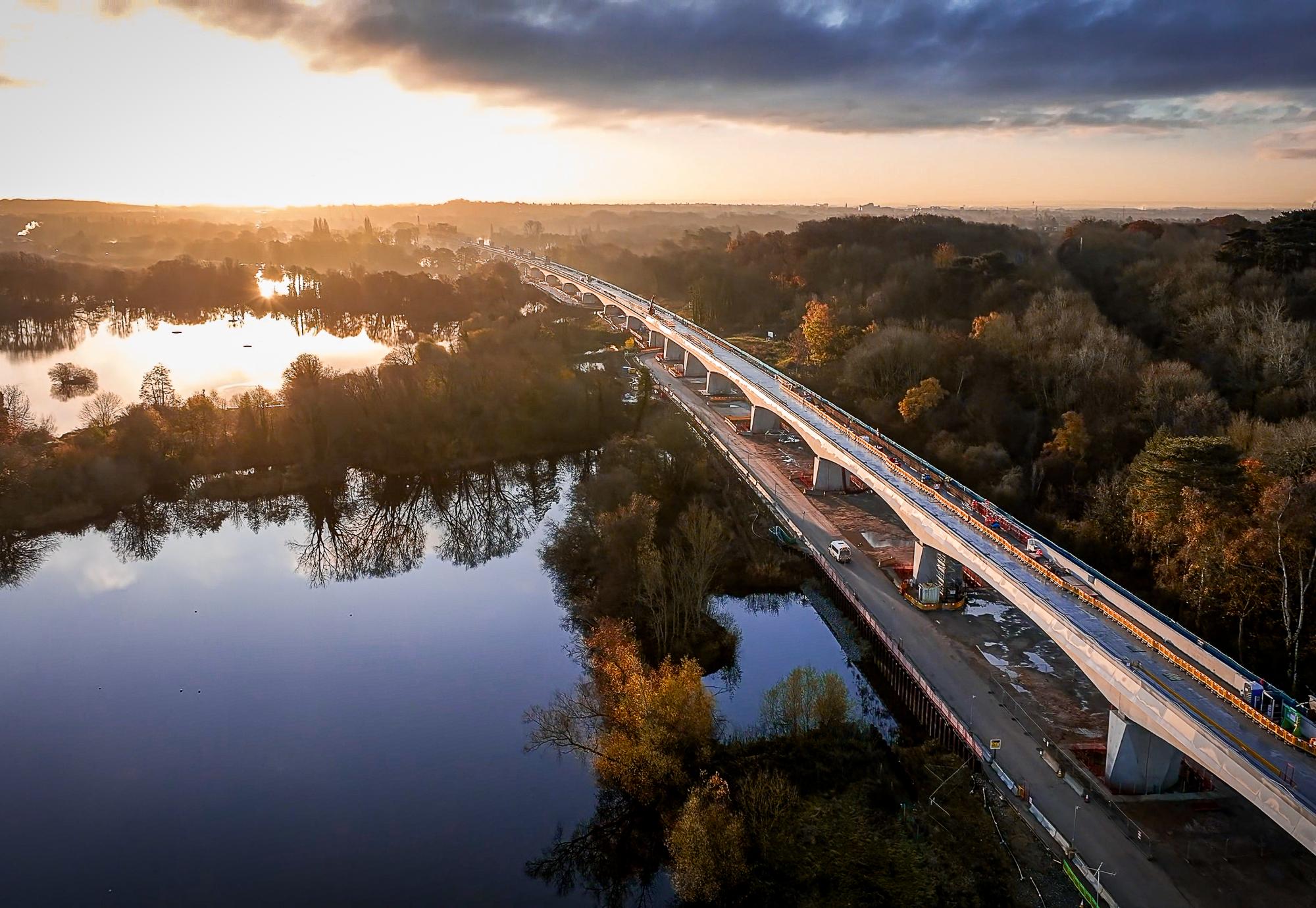 Aerial view of HS2's Colne Valley Viaduct at sunset 6