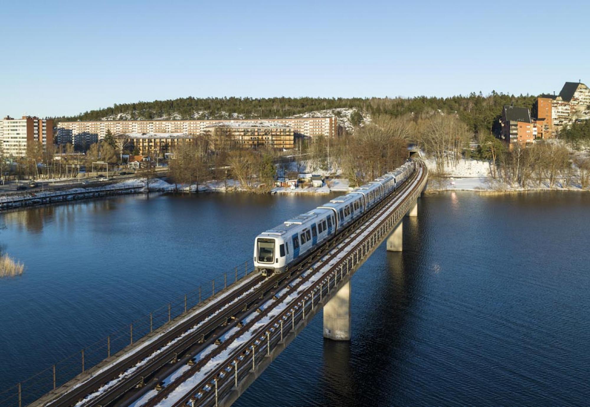 Stockholm Metro running over a bridge