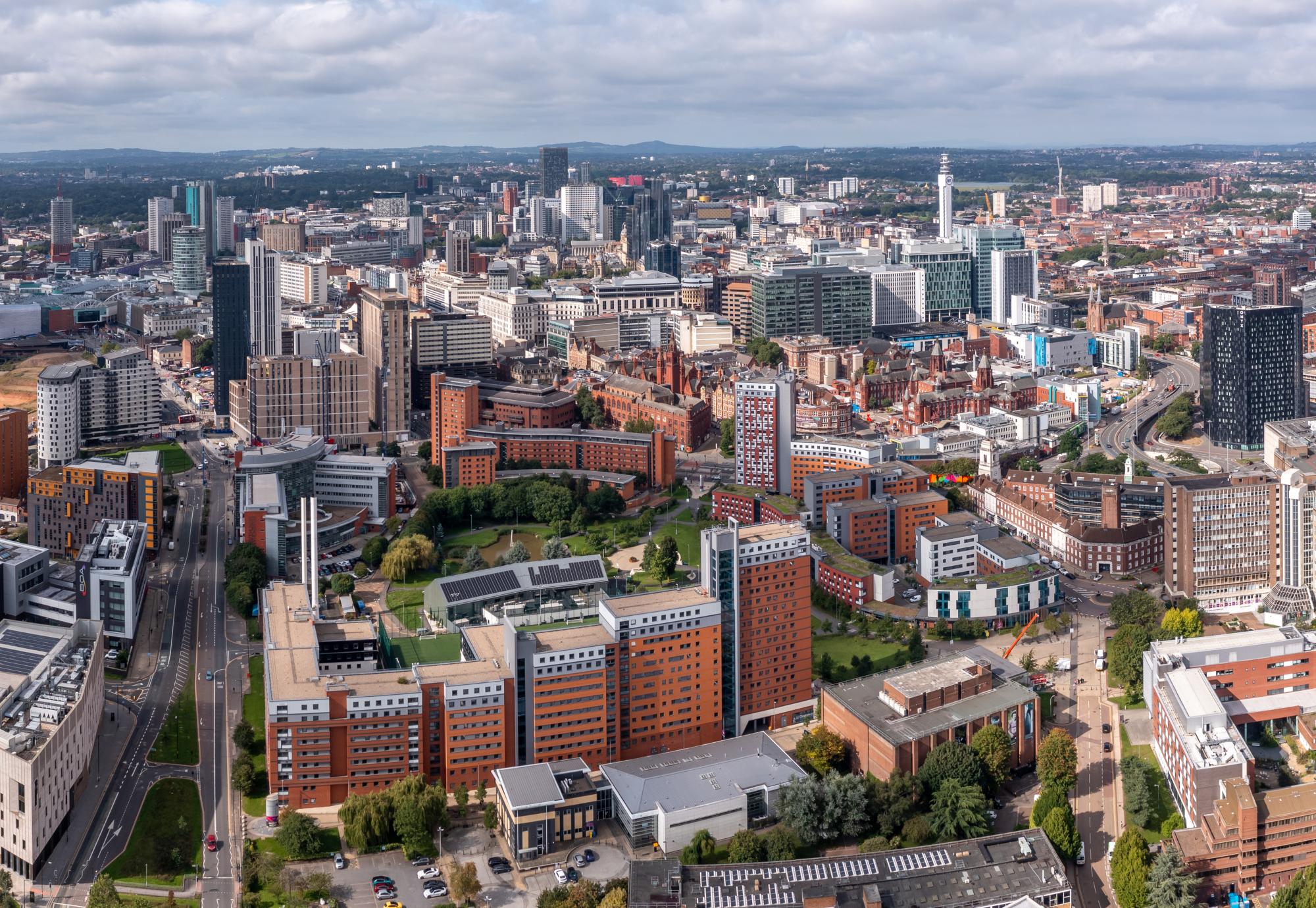 Aerial view of a Birmingham cityscape skyline with city centre