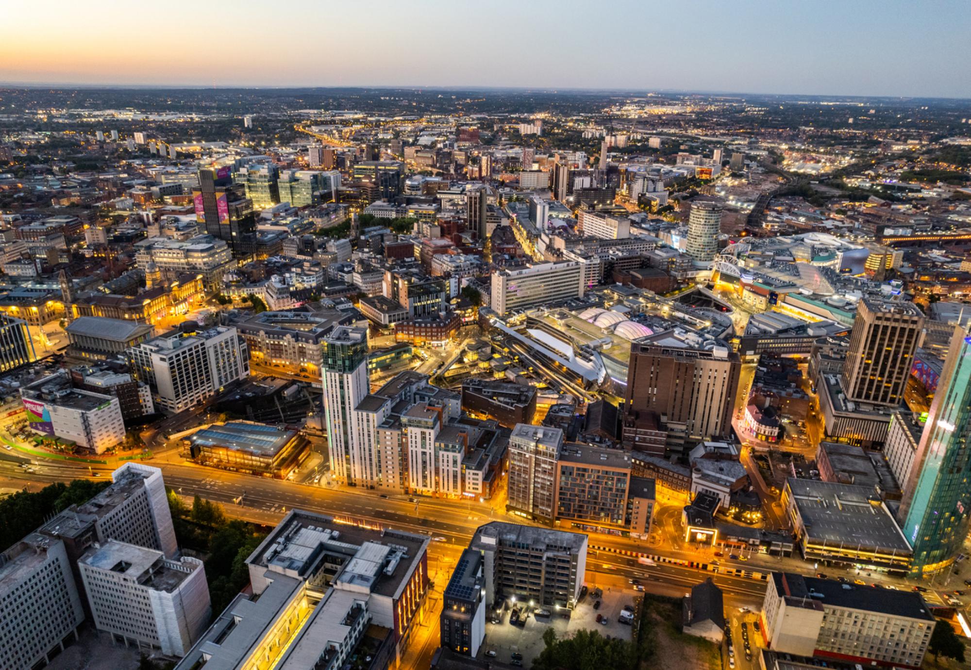 Birmingham city skyline with train network