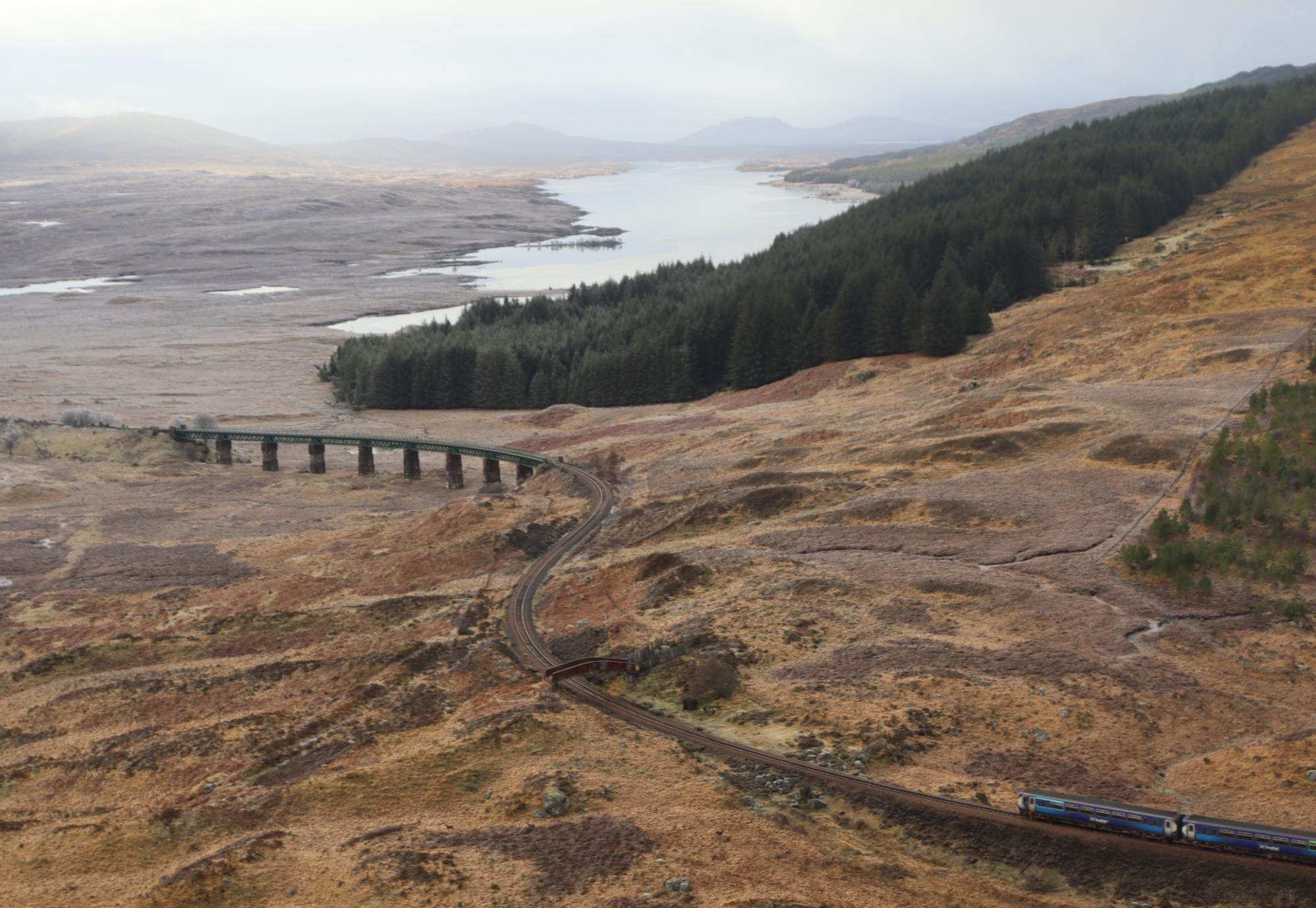 ScotRail train approaches Rannoch Viaduct