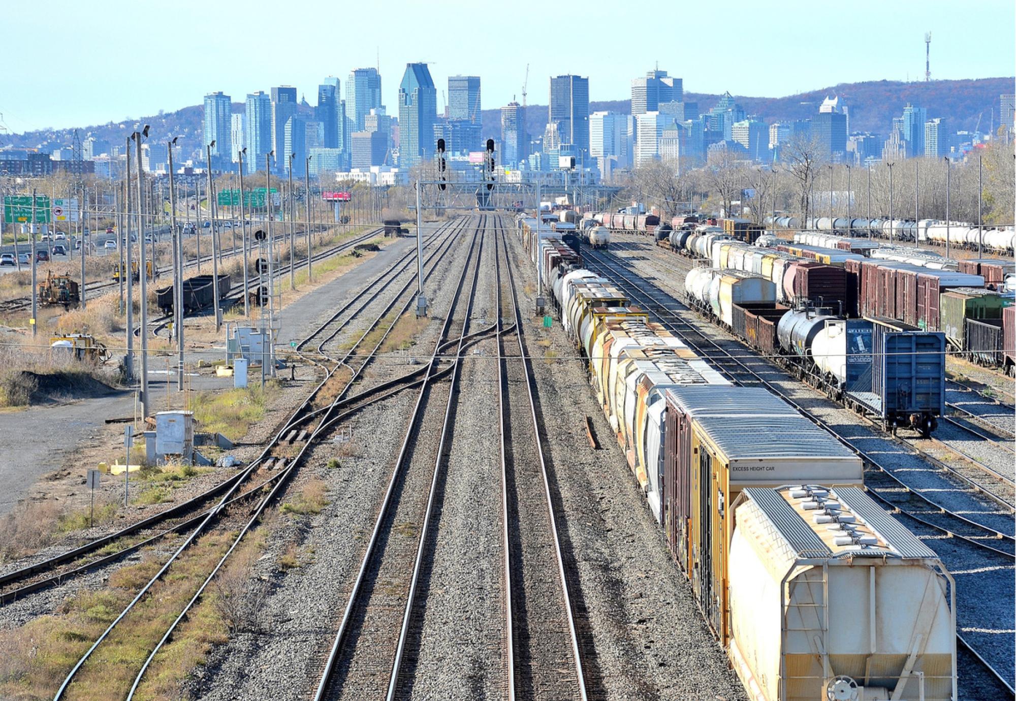 Montreal skyline with train tracks in the foreground