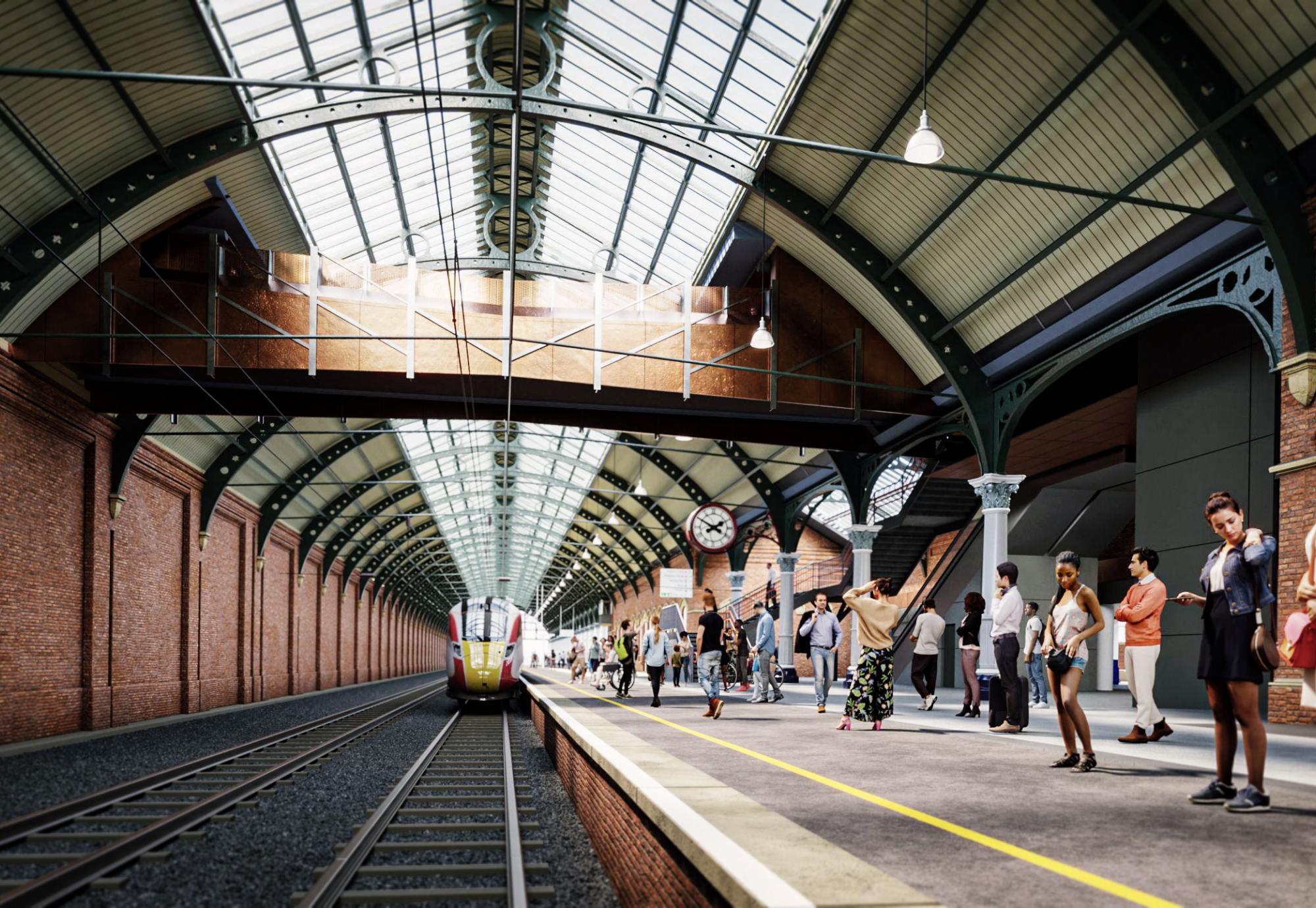 CGI image looking length of Platform 1 with clear view of new footbridge at Darlington station