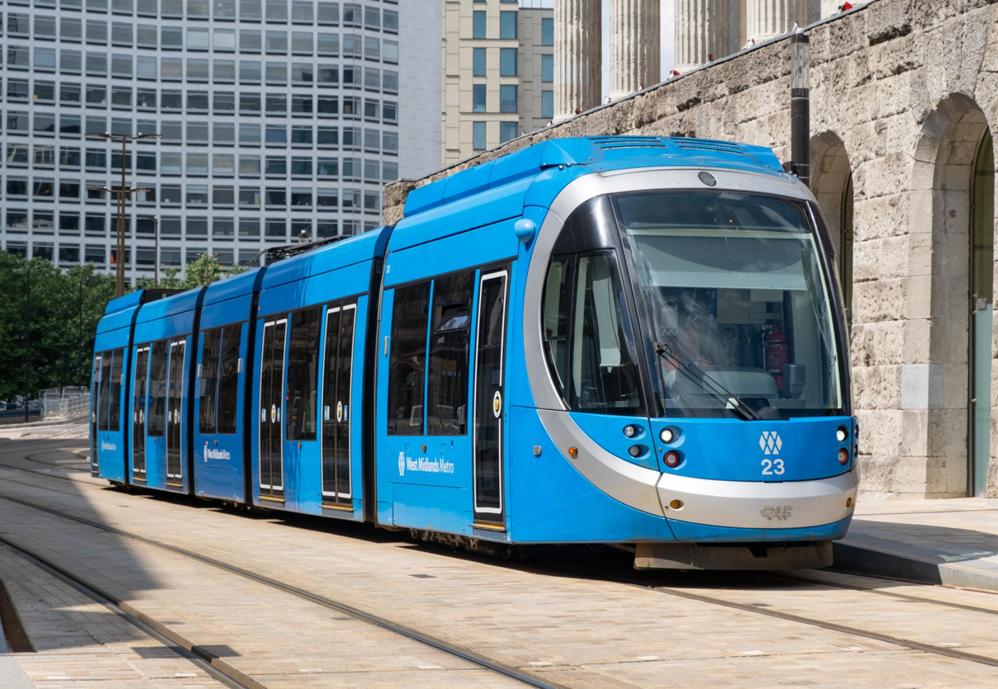 A blue West Midlands Tram