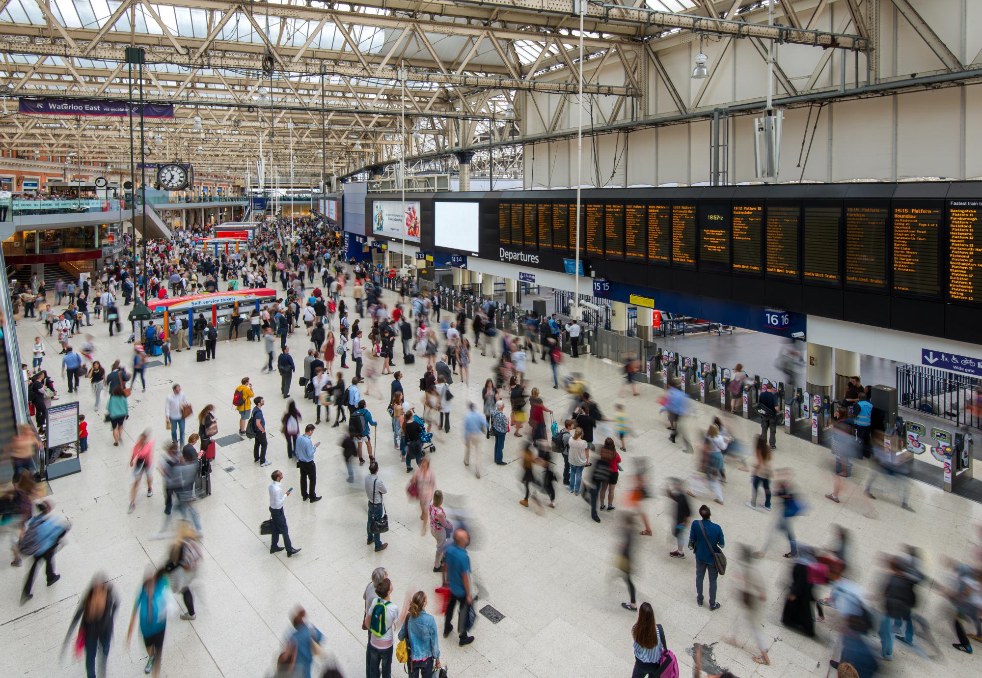 Busy train station with passengers