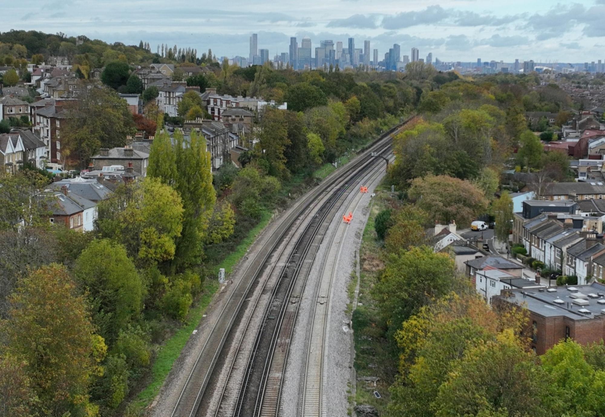 Aerial view of track between Honor Oak Park and Brockley looking north