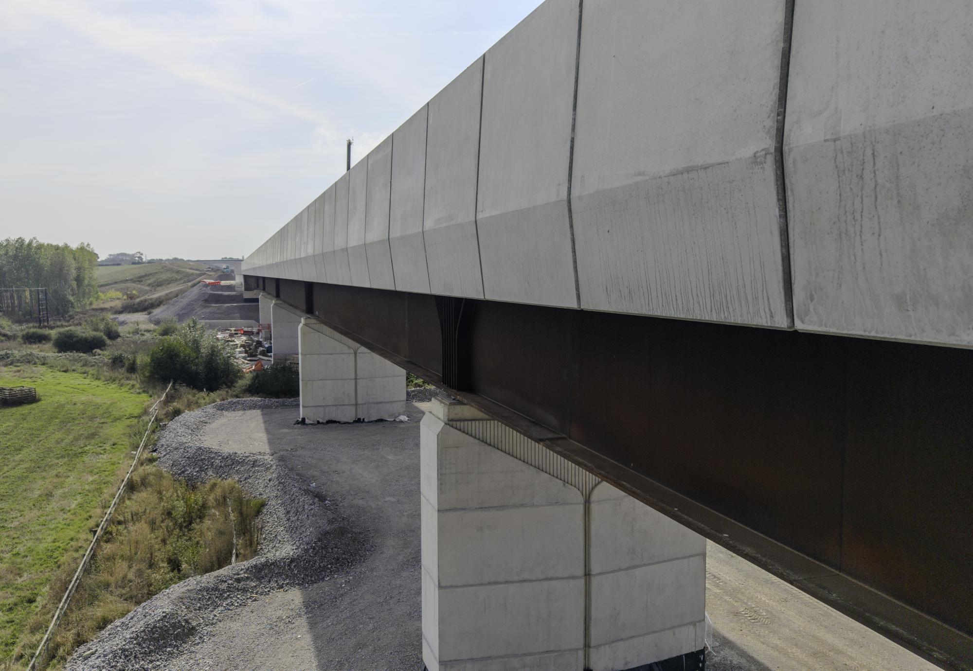 Close up of the weathering steel beam and concrete parapets of the Westbury viaduct October 2026