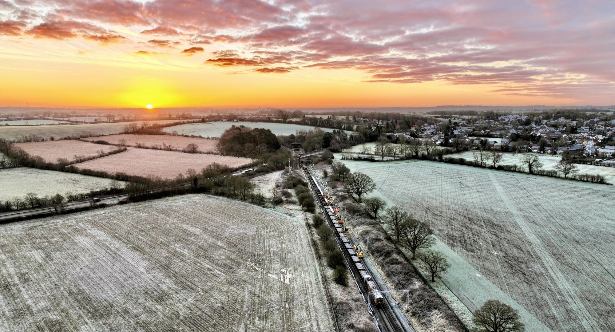 Sunset over Kilsby drainage work on West Coast main line